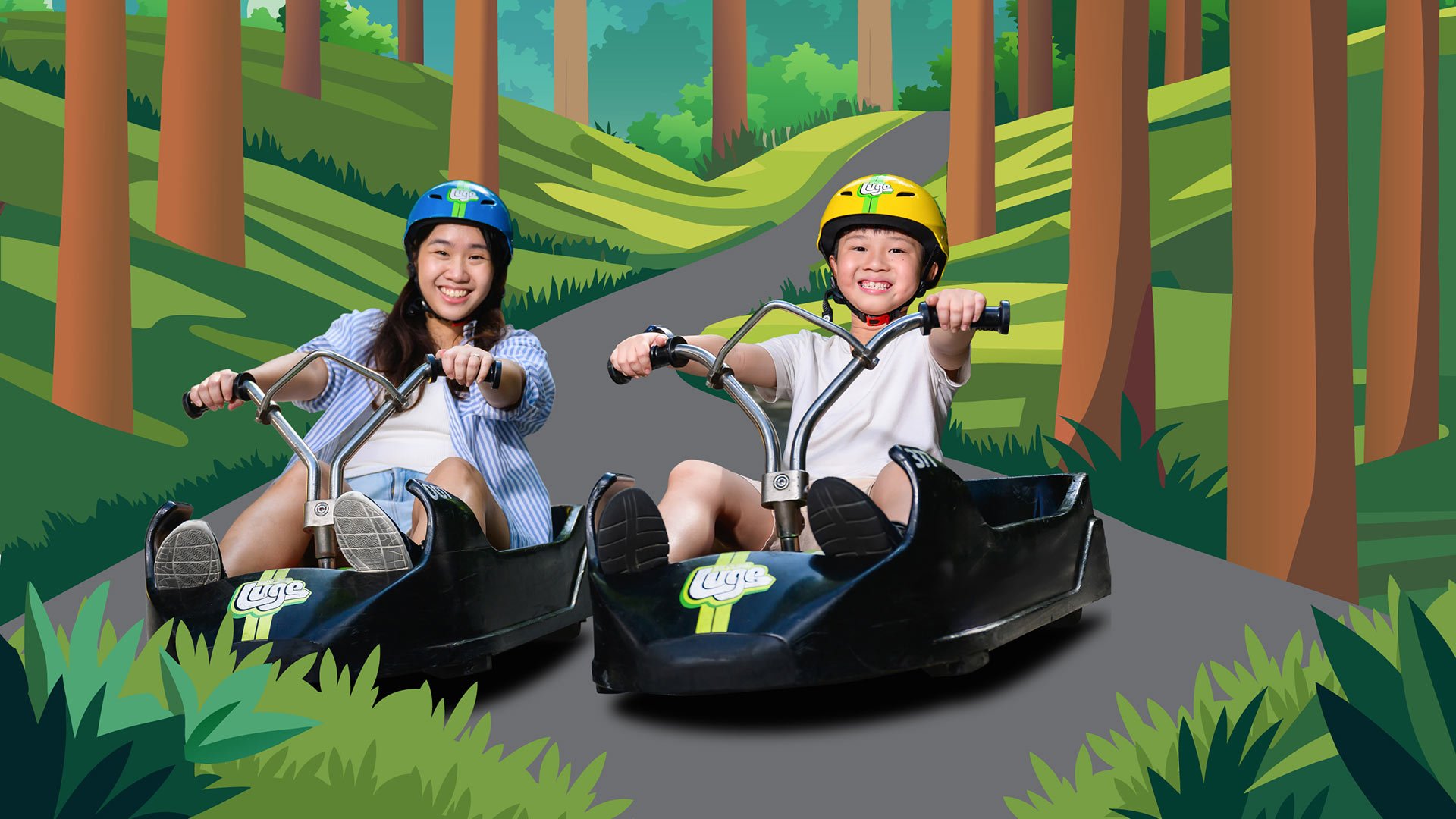 Skyline Luge Singapore - a graphic of a mother and child riding Luge carts