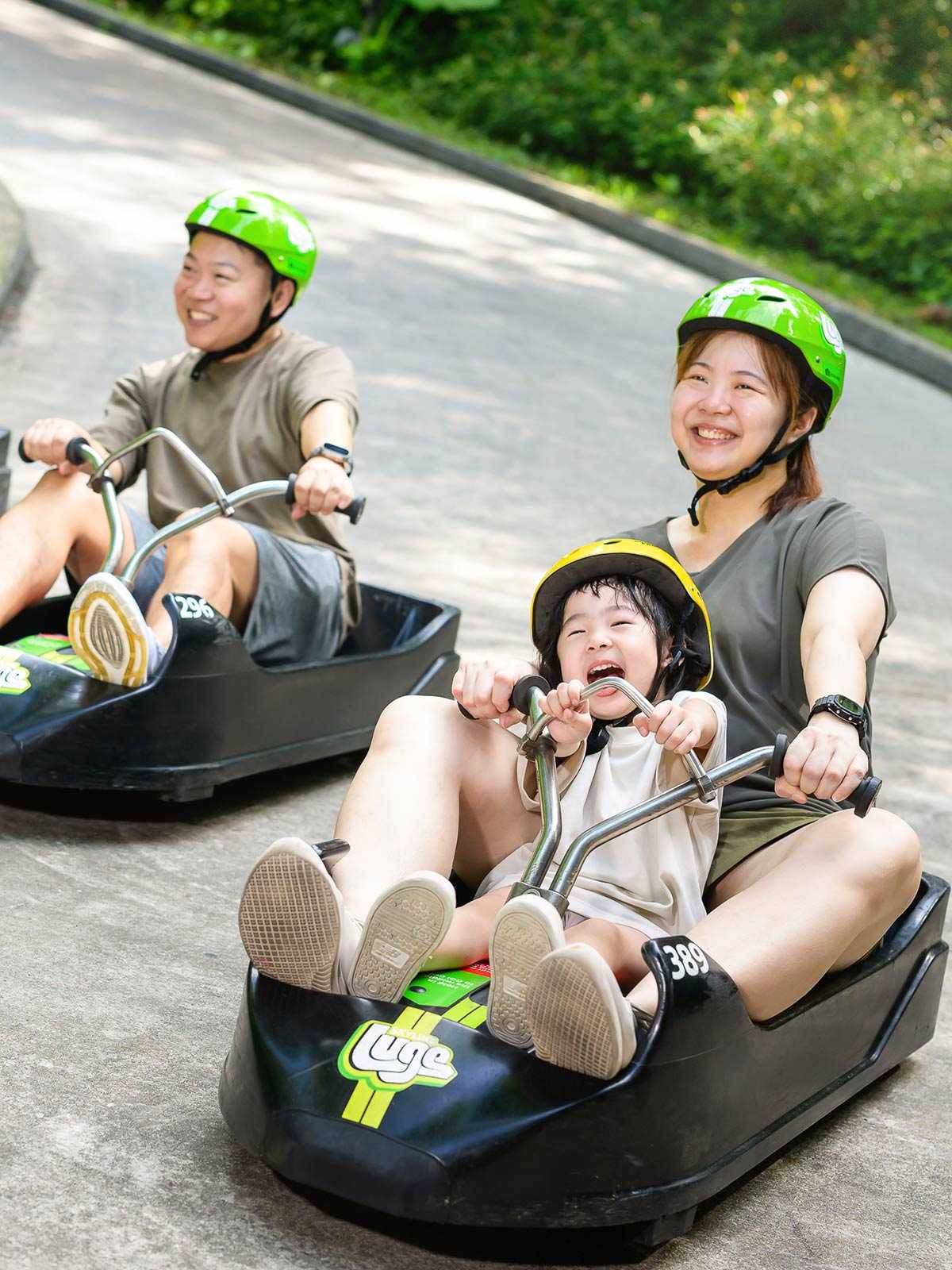 Skyline Luge Singapore A Chinese Family on Luge Carts with Child riding Tandem