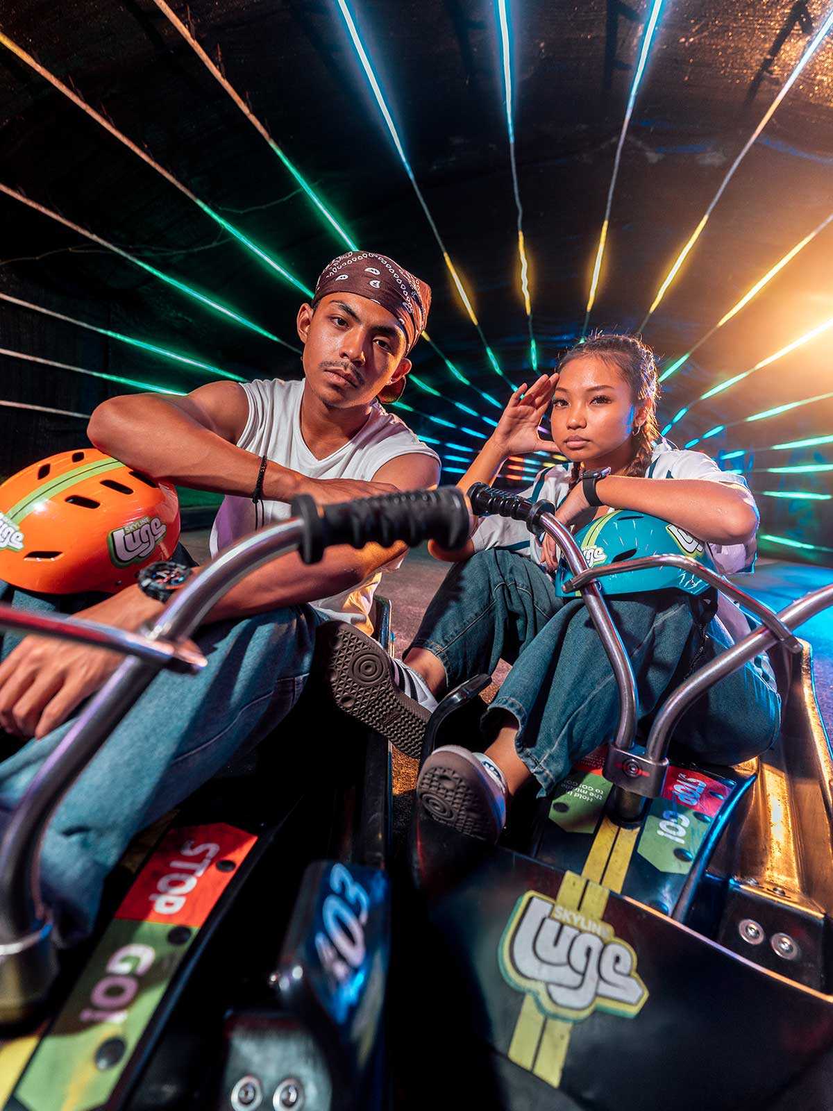 Skyline Luge Singapore A pair on the Luge Carts posing